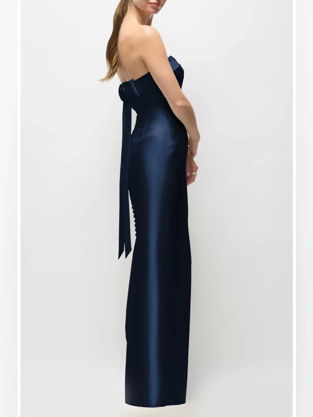Alfred Sung Eliza Bow Back Strapless Satin Column Gown